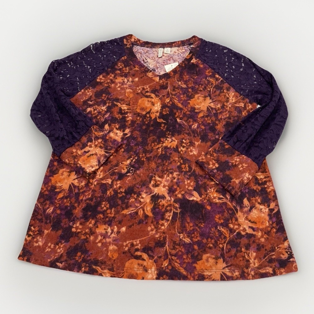 Cato Fall‎ Leaves Blouse Top Lace Sleeves  Size Small Orange & Purple Very Soft